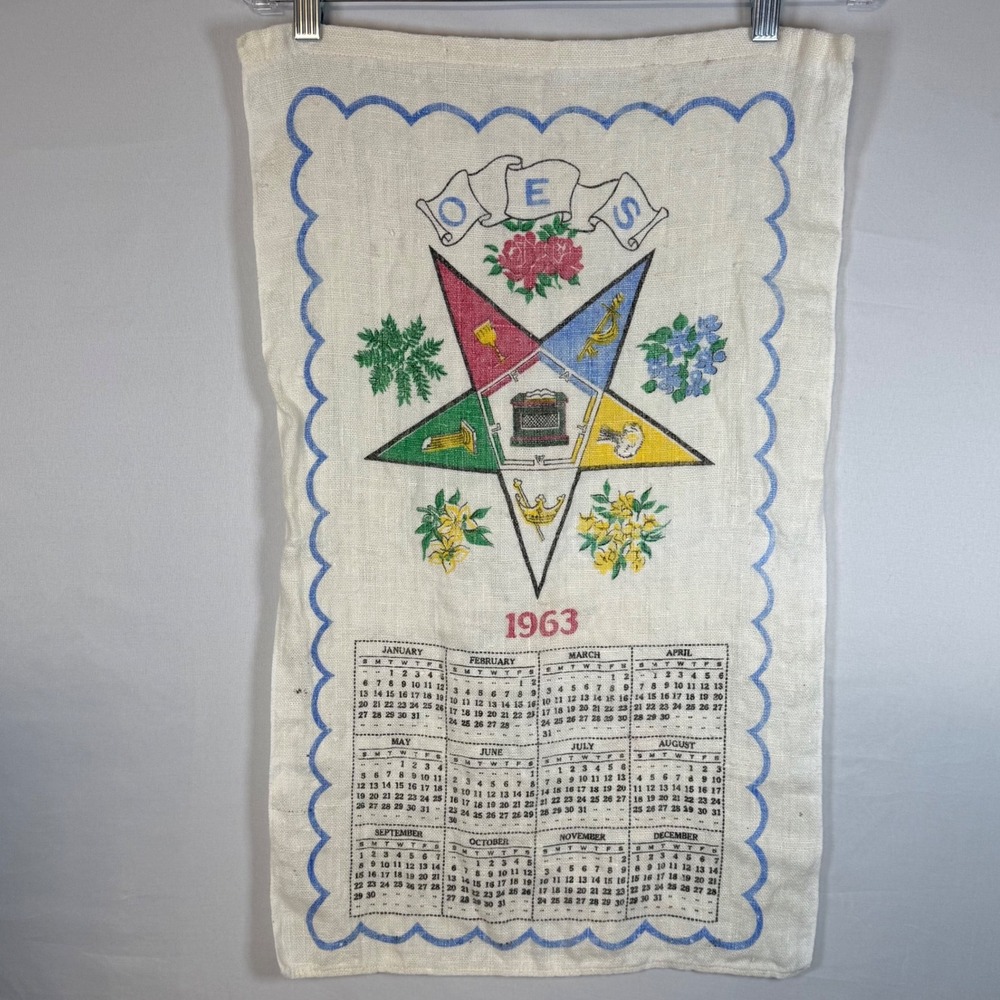 1963 Eastern Star OES Calendar Tea Towel Linen Burlap‎ Calendar Tapestry